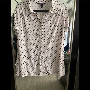 White and red polkadot collared button-down shirt